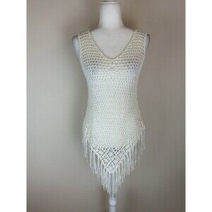 Women's Vintage Crochet Festival Fringe Top S Small White Western Cowgirl Tunic